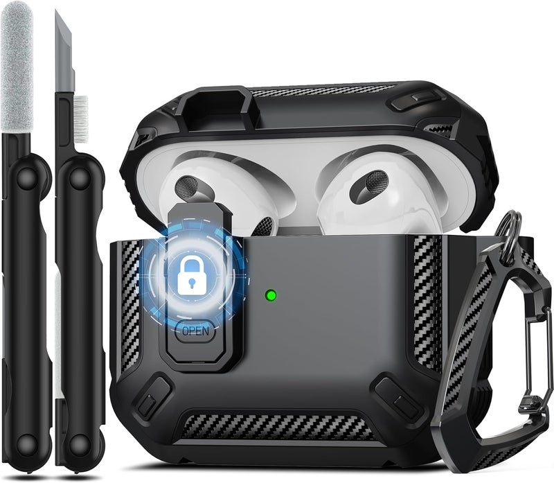 RFUNGUANGO for AirPods 3rd Generation Case Cover with Cleaner Kit, Military Hard Shell Protective Armor with Lock for AirPod Gen 3 Charging Case 2021,Front LED Visible,Black - Image 1